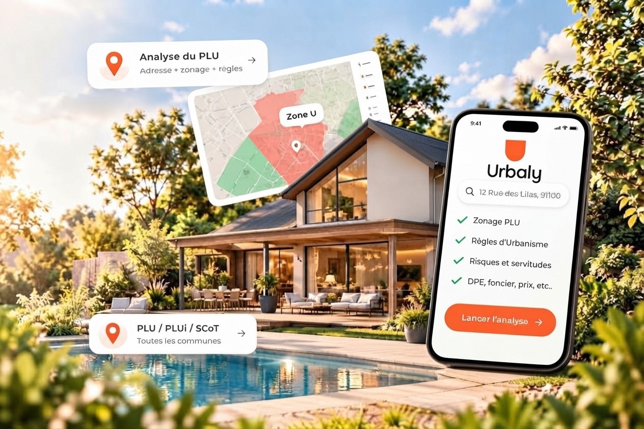 Maison contemporaine avec piscine ; carte du zonage du PLU et application Urbaly affichant l'analyse d'une adresse