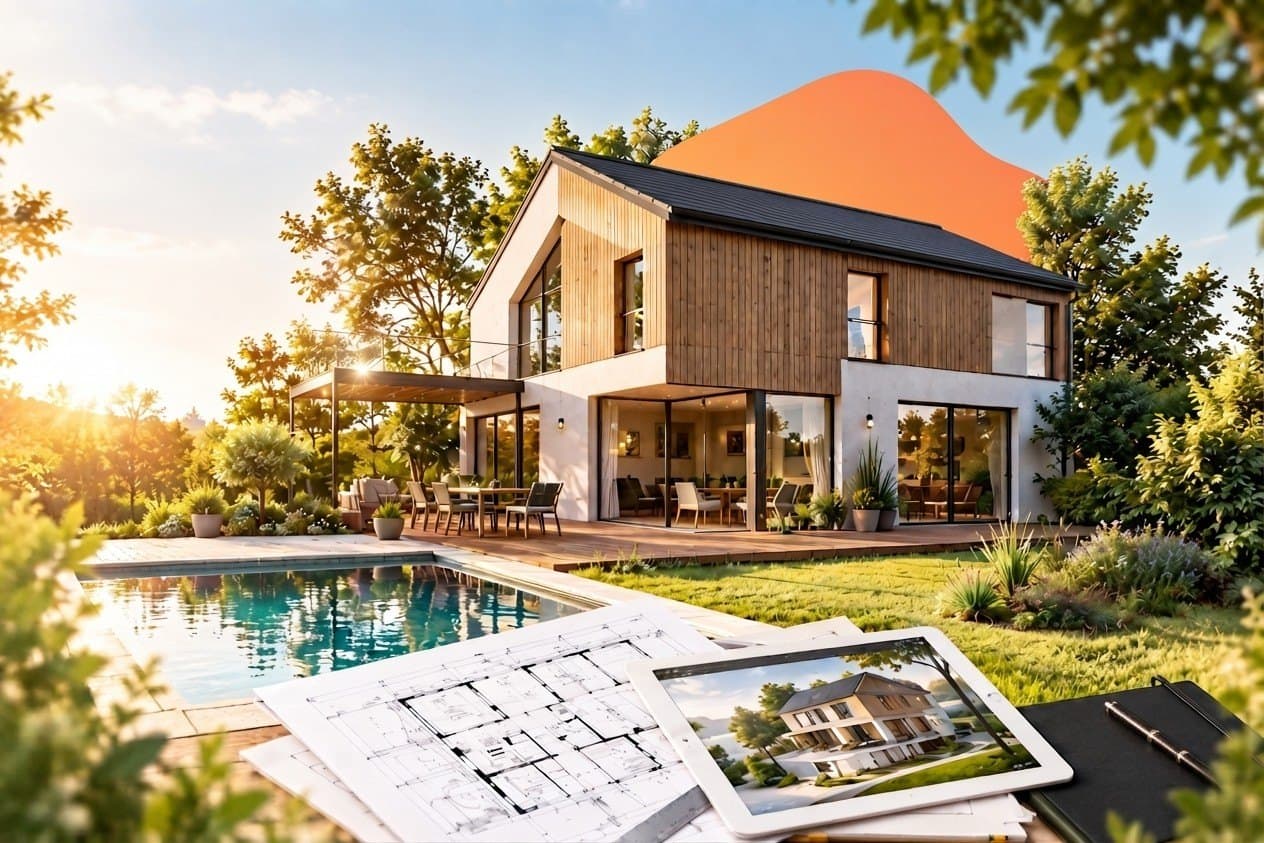 Maison contemporaine avec piscine, plans d'architecte et rendu 3D posés au premier plan